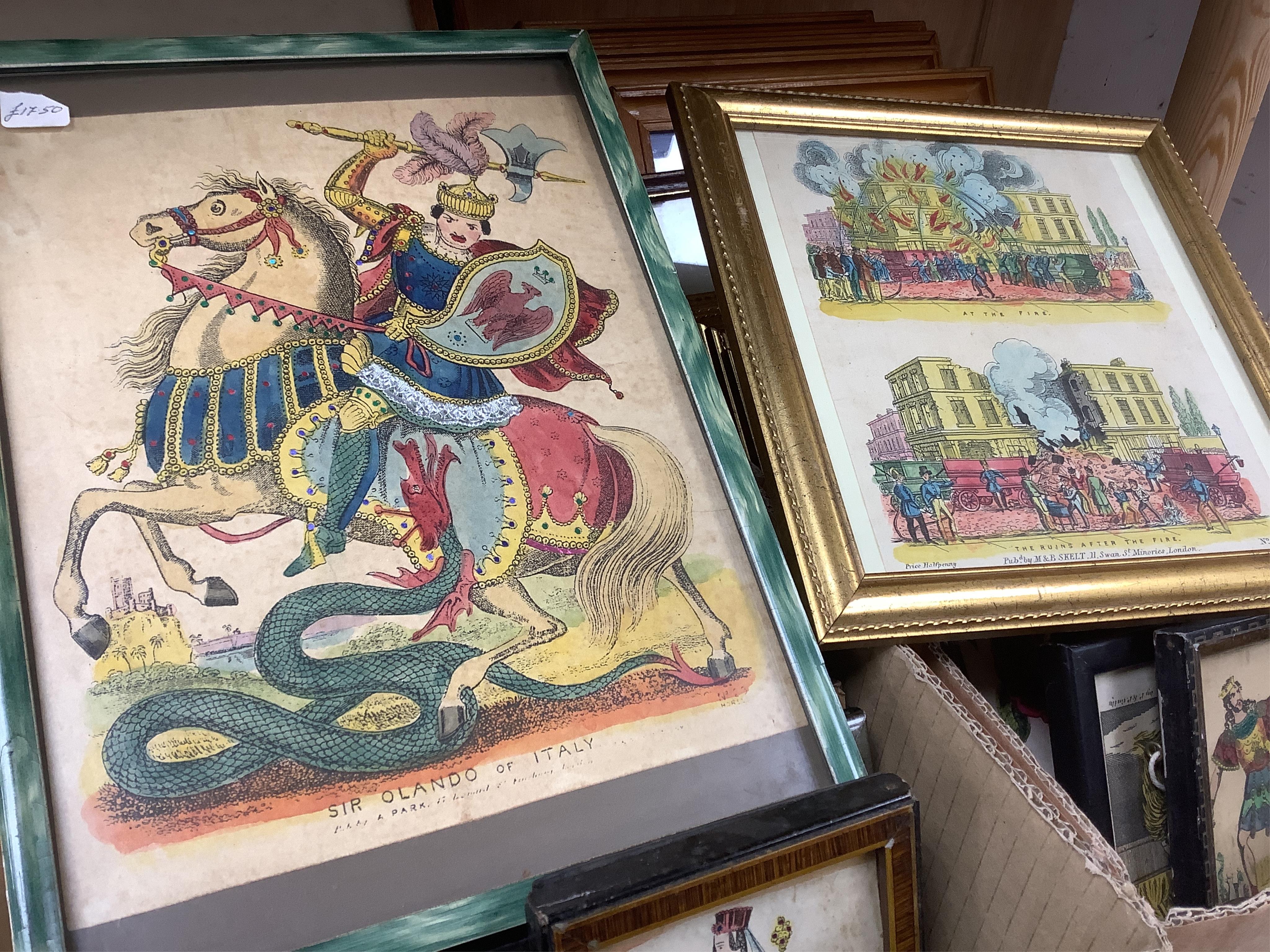 Juvenile drama, a collection of hand coloured toy theatrical prints, some foiled, including designs by Skelts, Lloyd etc., framed and glazed, (two boxes)